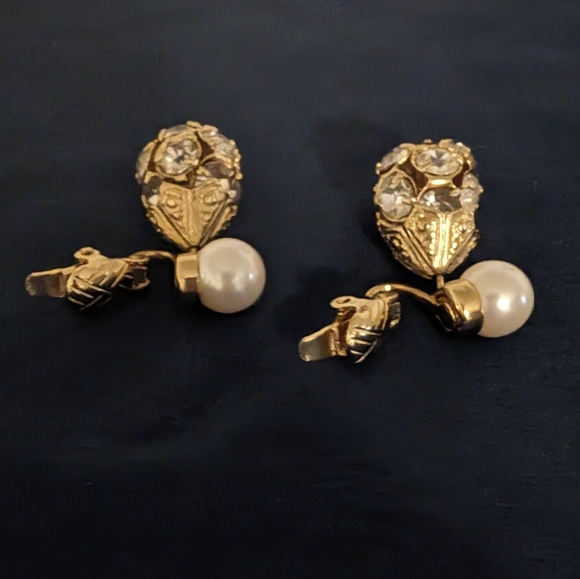 Vintage Teardrop Egg Rhinestones Faux Pearl Dangle Clip Ons - Picture 2 of 7